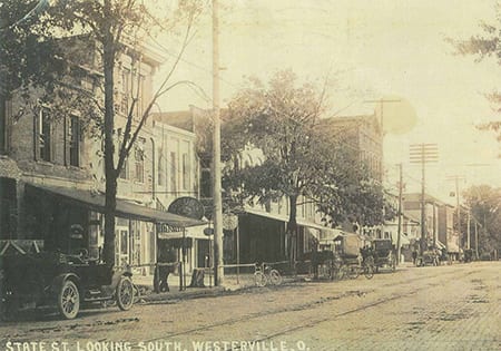 A black and white photograph of State Street looking south from north of Main St.