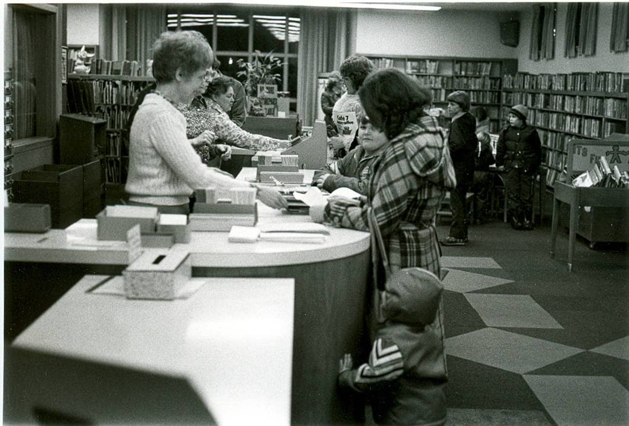 Photo of the Westerville Public Library, unknown date betwen 1950-1969 - Circulation Desk. Courtesy of Westerville History Museum. 
